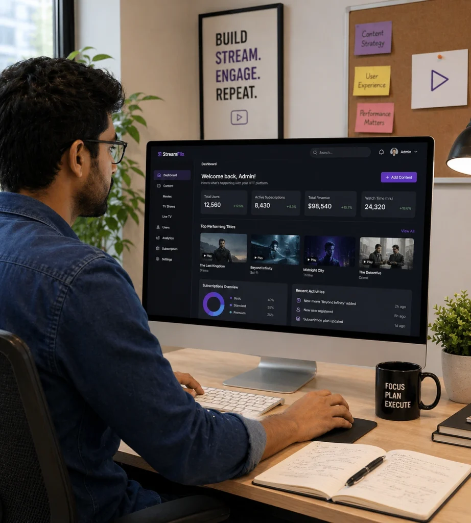 Developer monitoring a streaming service admin dashboard with user analytics and content performance metrics on a monitor.
