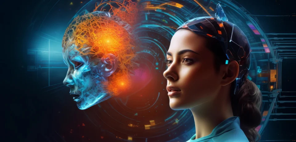A human woman beside a glowing AI head visualisation, illustrating whether AI will replace humans