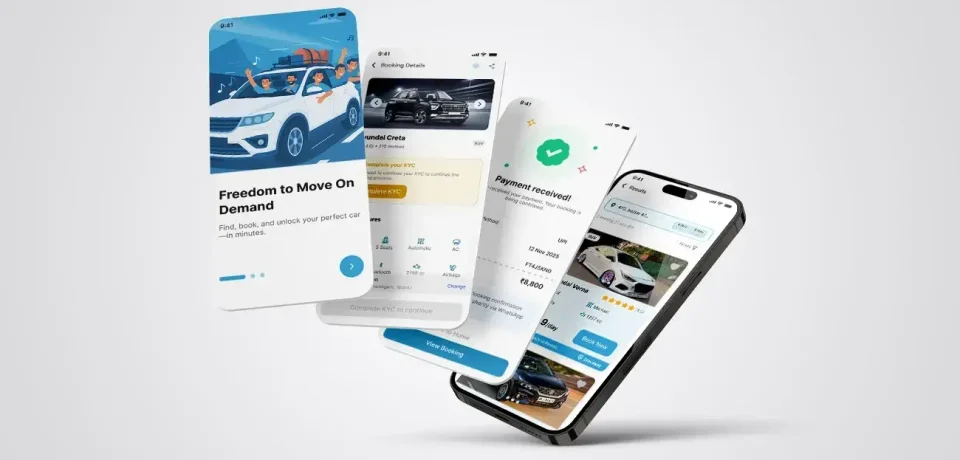 A mobile app UI showcase for a car rental service, featuring screens for onboarding, vehicle details, and payment.