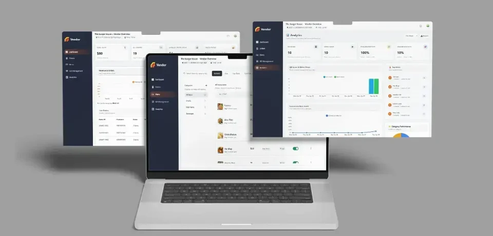 Laptop displaying a vendor dashboard with floating analytics and menu management screens for business performance tracking.