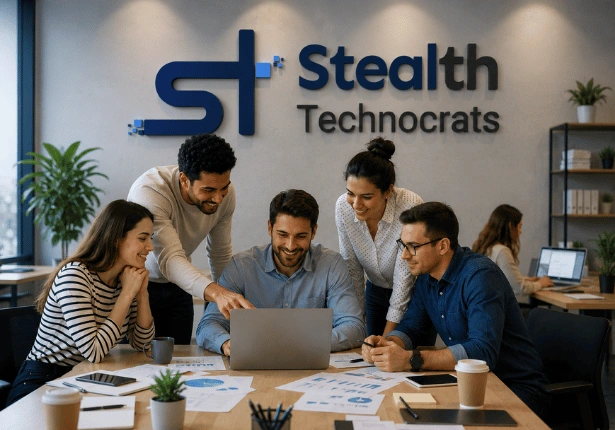 Professional IT team collaborating at a tech agency office with a company logo display to plan development projects.