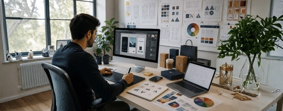 UI/UX designer crafting a mobile application interface on a monitor using a graphics tablet, surrounded by color palettes.