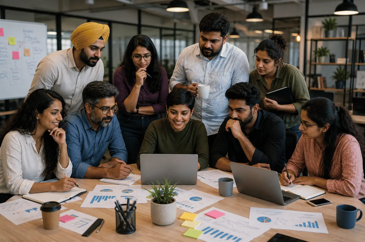 Diverse corporate team gathering around a laptop to analyze marketing performance reports and plan next business quarters.