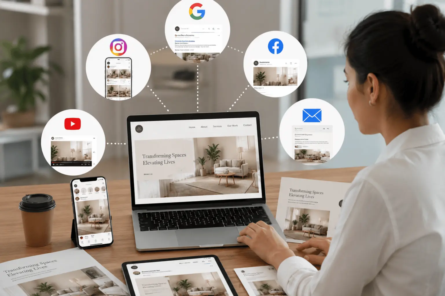 Marketer tracking cross-channel digital campaigns on a laptop with traffic overlays from major social networks.