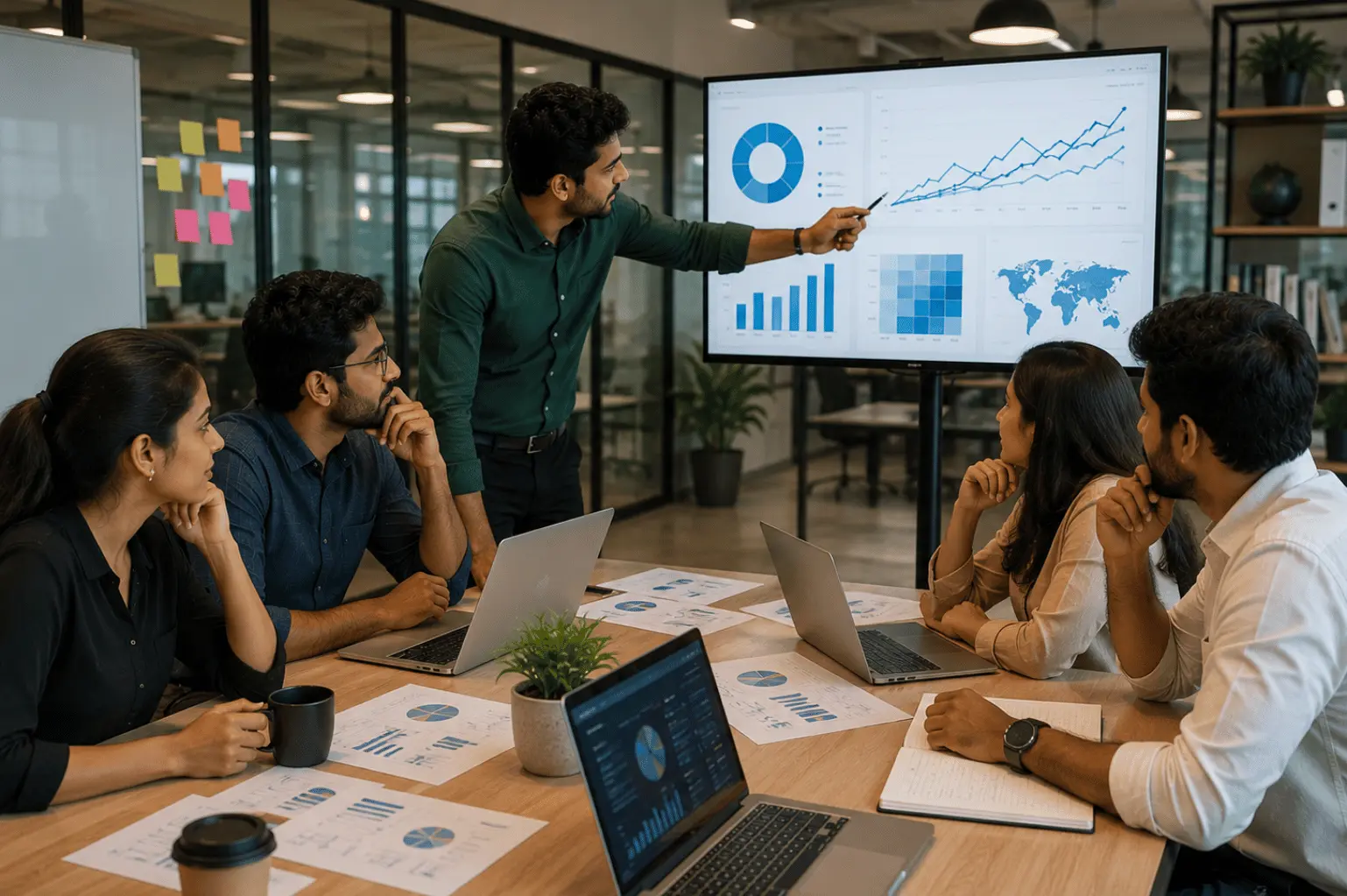 Corporate team analyzing multi-industry data charts and business metrics to optimize diverse investment strategies.