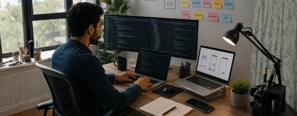 Full-stack developer building a mobile app across multiple monitors, using code editors, wireframe previews, and deployment.