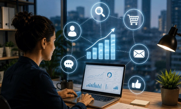 Digital marketer analysing e-commerce growth metrics on laptop with an overlay diagram showing customer acquisition channels.