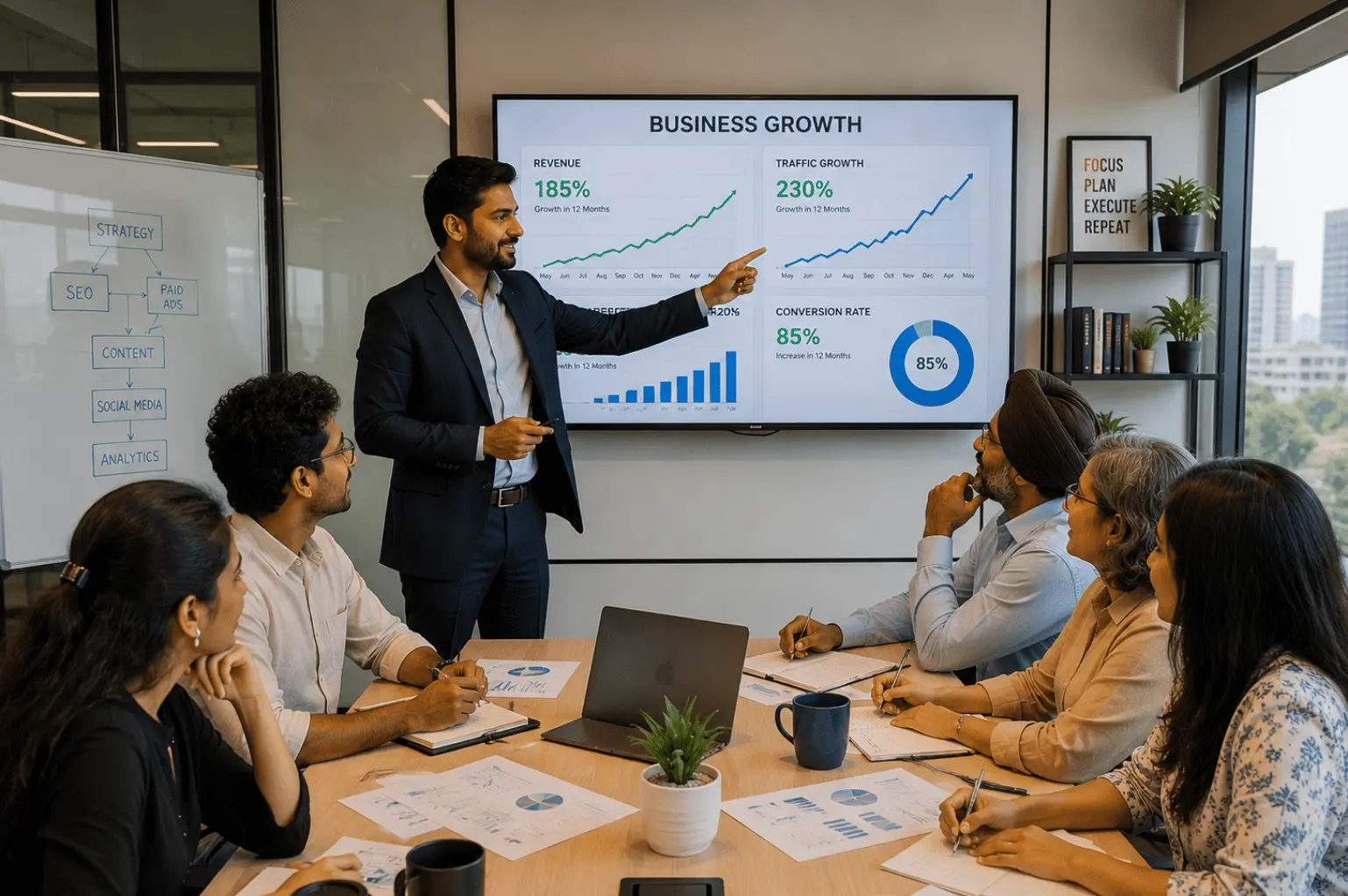 Business manager presenting revenue and traffic growth metrics on a digital display during a team meeting.