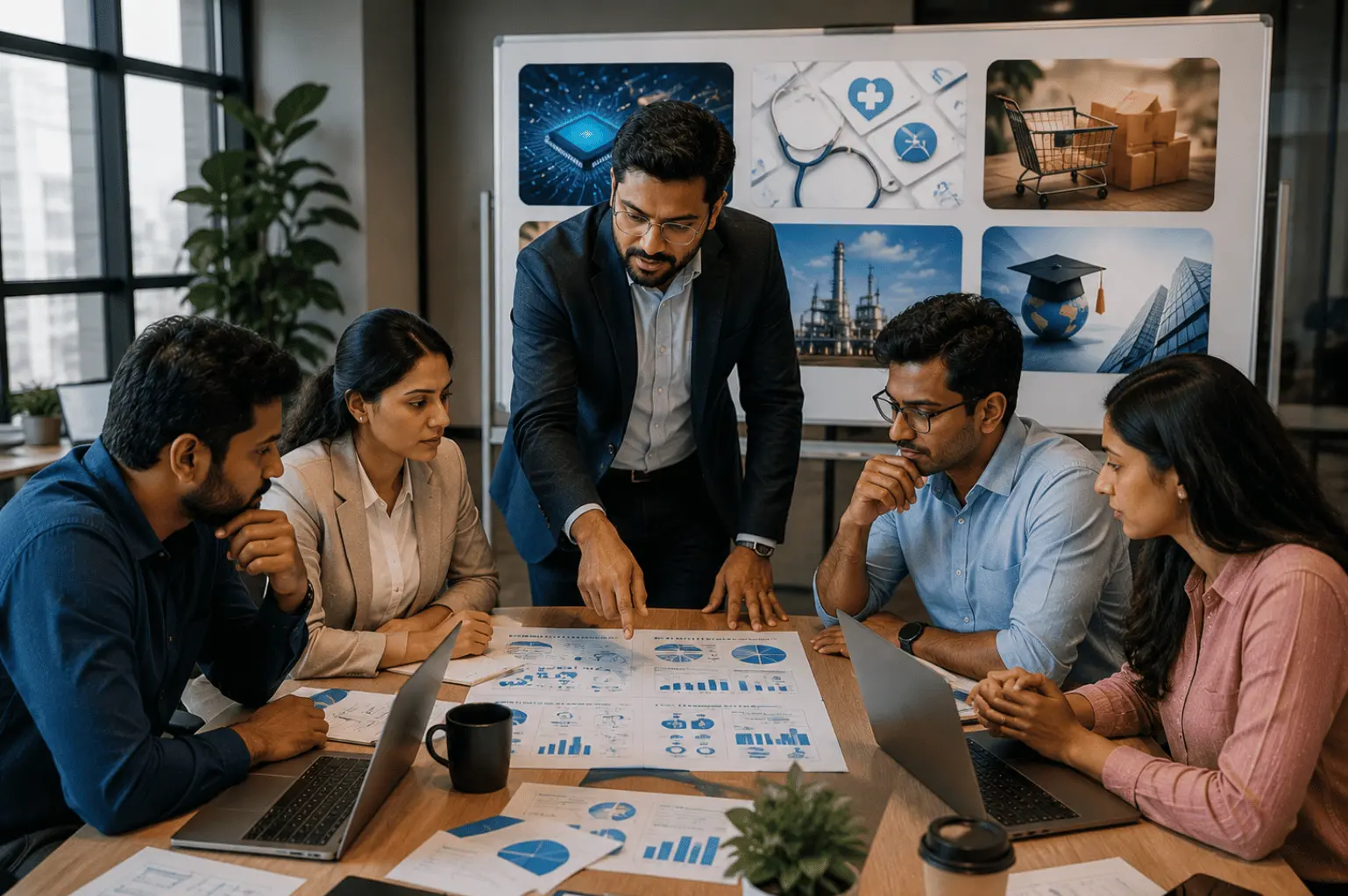Corporate team analyzing multi-industry data charts and business metrics to optimize diverse investment strategies.