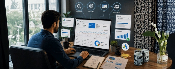 Digital marketer analyzing Google Ads performance metrics on a laptop dashboard with a campaign workflow diagram.