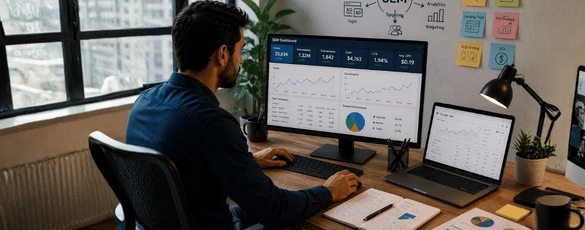 Marketing specialist monitoring a SEM dashboard on a monitor alongside a laptop to track campaign ROI & search traffic data.