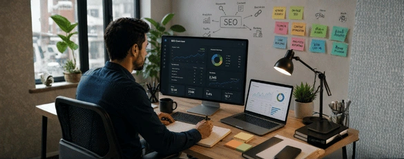 SEO specialist analyzing traffic growth metrics on a dark-themed dashboard monitor with a laptop to track search rankings.
