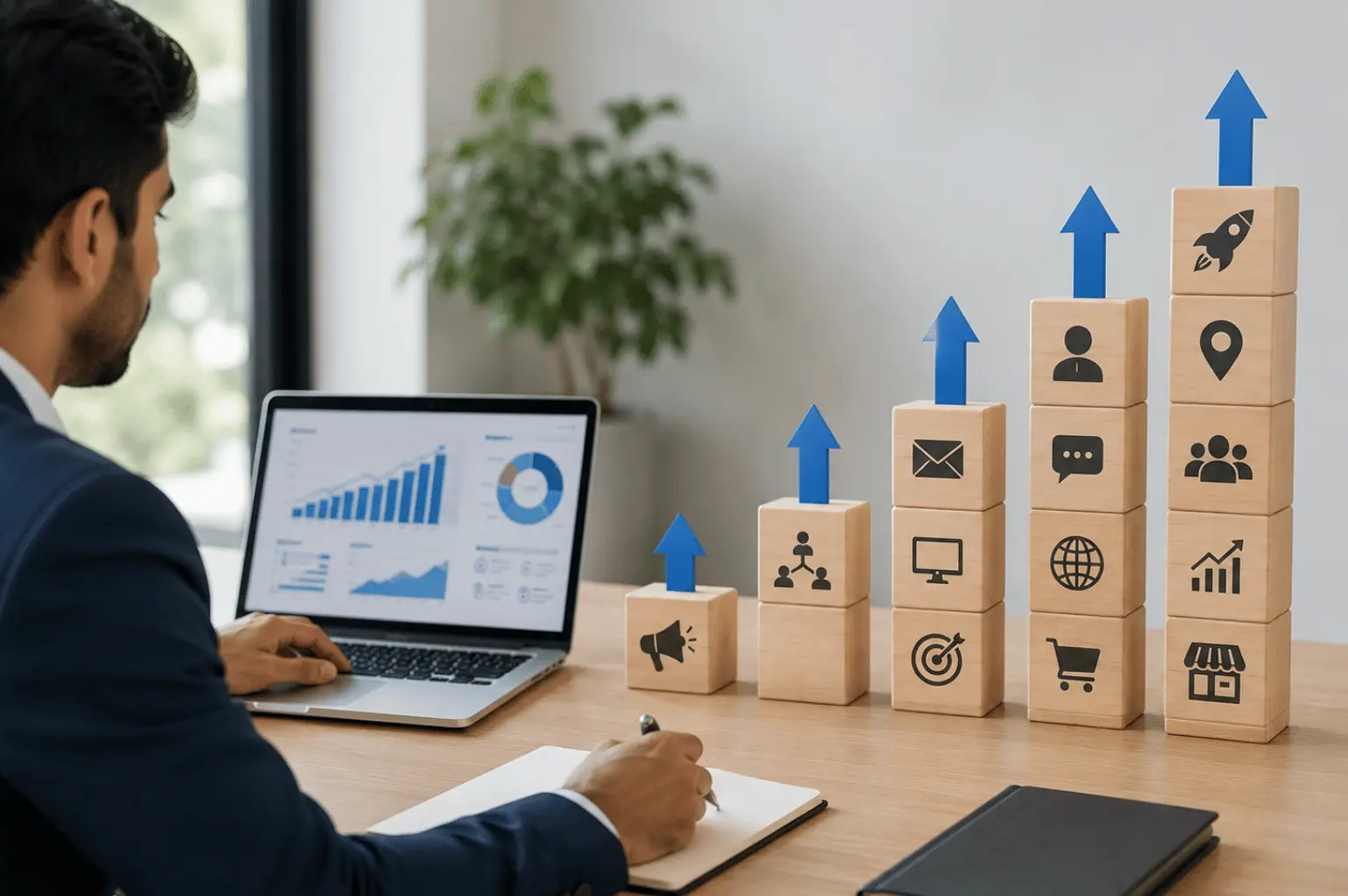Business strategist analyzing data on a laptop dashboard alongside a chart representing corporate scaling.