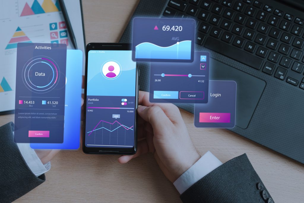 Mobile app interface showing user data, portfolio analytics, and login screens representing UI/UX design for business apps
